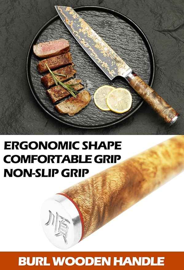 YOUSUNLONG Kiritsuke Chef Knife - 8 Inch Japanese Copper Damascus Steel Blade - Razor Sharp Kitchen Knives - Handmade Cooking Knife - Naturel Burl Wooden Handle with Leather