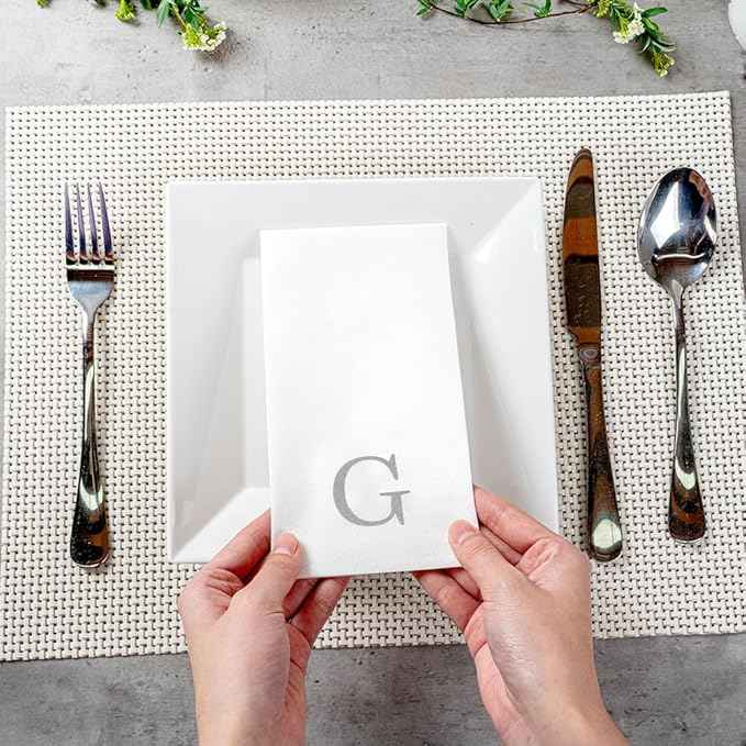 Luxenap 15.8 X 7.9 Inch Linen-Feel Guest Towels, 50 Lettered Hand Towels - Silver Letter 'G', Sans Serif Font, White Paper Dinner Napkins, airlaid, For Restrooms And Tables - Restaurantware