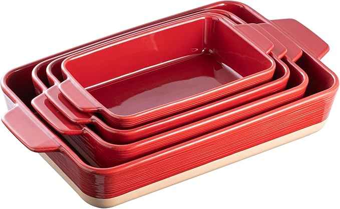 Casserole Dishes for Oven, Baking Dishes, Ceramic Bakeware Sets of 4, Rectangular Baking Pan Set with Handles for Baking, Casserole, Kitchen, Wedding Gift (Red Yellow)