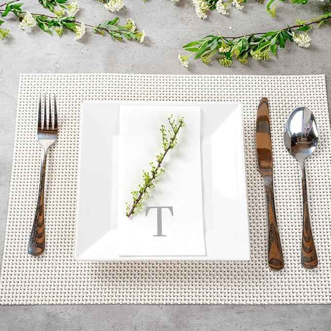 Luxenap 15.8 X 7.9 Inch Linen-Feel Guest Towels, 2000 Lettered Hand Towels - Silver Letter 'T', Sans Serif Font, White Paper Dinner Napkins, airlaid, For Restrooms And Tables - Restaurantware