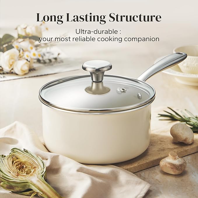 Redchef Sauce Pan & Frying Pan Set, 8" Ceramic Nonstick Fryingpan & 2.5Qt Saucepan with Lid, Mini Cookware Set, Induction Compatible, Nontoxic PTFE PFOA Free, Oven & Dishwasher Safe, Beige