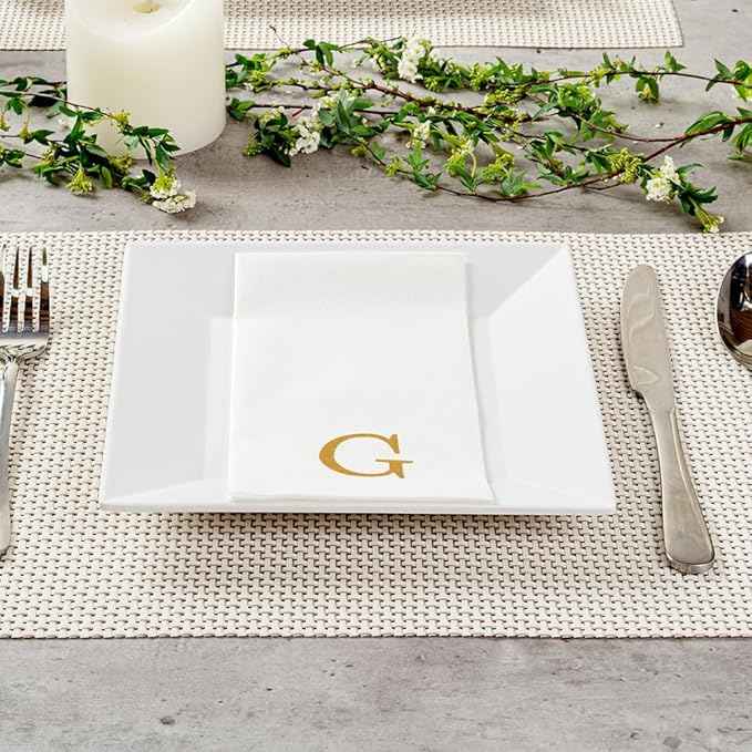 Luxenap 15.8 X 7.9 Inch Linen-Feel Guest Towels, 50 Lettered Hand Towels - Gold Letter 'G', Sans Serif Font, White Paper Dinner Napkins, airlaid, For Restrooms And Tables - Restaurantware
