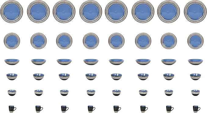 48 Piece Dinnerware Set, Ceramic Plates and Bowls Sets for 8, Microwave and Dishwasher Safe, Handcrafted Tree Bark Series Dish Set, Blue