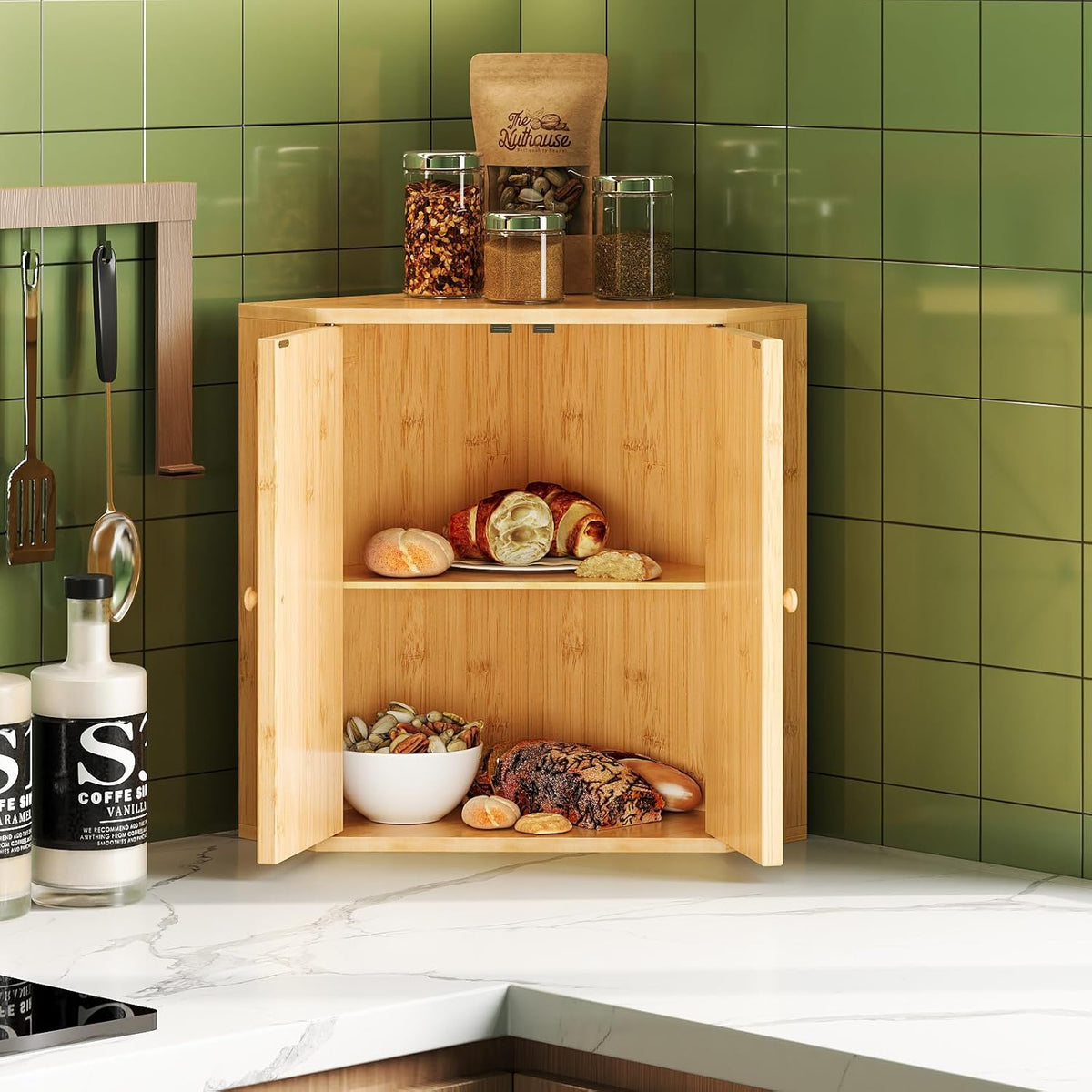 Corner Bread Box for Kitchen Counter Double Layer Bamboo Bread Storage Container Large Capacity Bread Storage Bin Farmhouse Breadbox Organizer (Bamboo Natural)