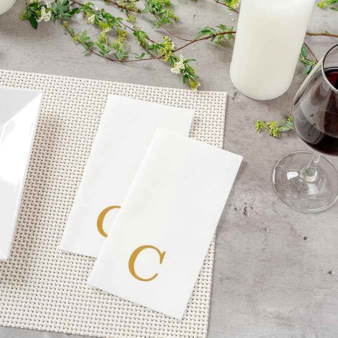 Luxenap 15.8 X 7.9 Inch Linen-Feel Guest Towels, 50 Lettered Hand Towels - Gold Letter 'C', Sans Serif Font, White Paper Dinner Napkins, airlaid, For Restrooms And Tables - Restaurantware