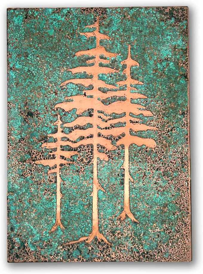 nooc art Handmade Copper Wall Art for Home, Living Room, Bedroom, Kitchen and Office Decor, Rustic Decorative Mural Art for Farmhouse Decor (Patina of Pine Tree, 13.7 x 19.7, Unframed)