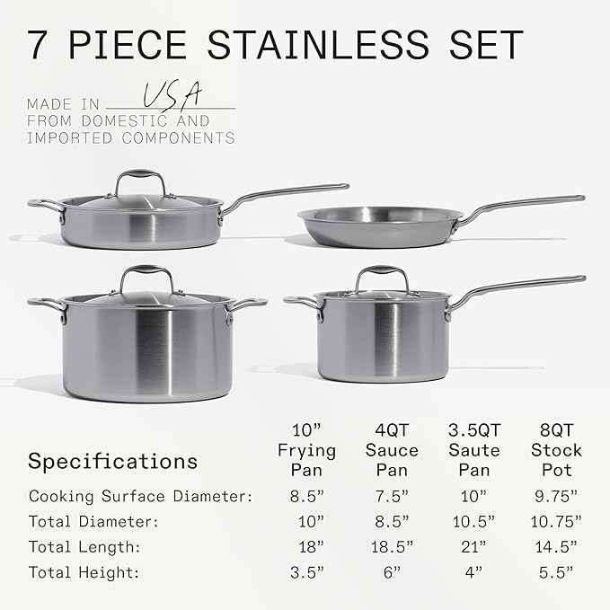 Made In Cookware – 7 Piece Stainless Steel Cookware Set – 5-Ply Stainless Clad – Includes Frying Pan, Saucepan, Saute Pan, Stock Pot – Professional Cookware – Crafted in Italy – Induction Compatible