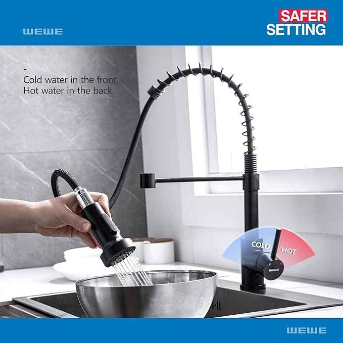 WEWE Faucet for Kitchen Sink, Kitchen Faucets Black Stainless Steel Commercial Spring Kitchen Faucet with Pull Down Sprayer, One Hole or 3 Hole Kitchen Faucet for RV Outdoor Farmhouse Camper Bar Sinks