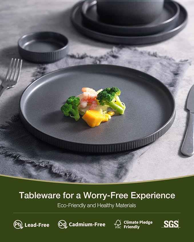 Famiware Star Dinnerware Set with Mugs, Service for 6 (24 Pieces), Ribbed Stoneware Plates and Bowls Dishes Sets - Chip & Scratch Resistant, Microwave & Dishwasher Safe, Matte Dark Charcoal