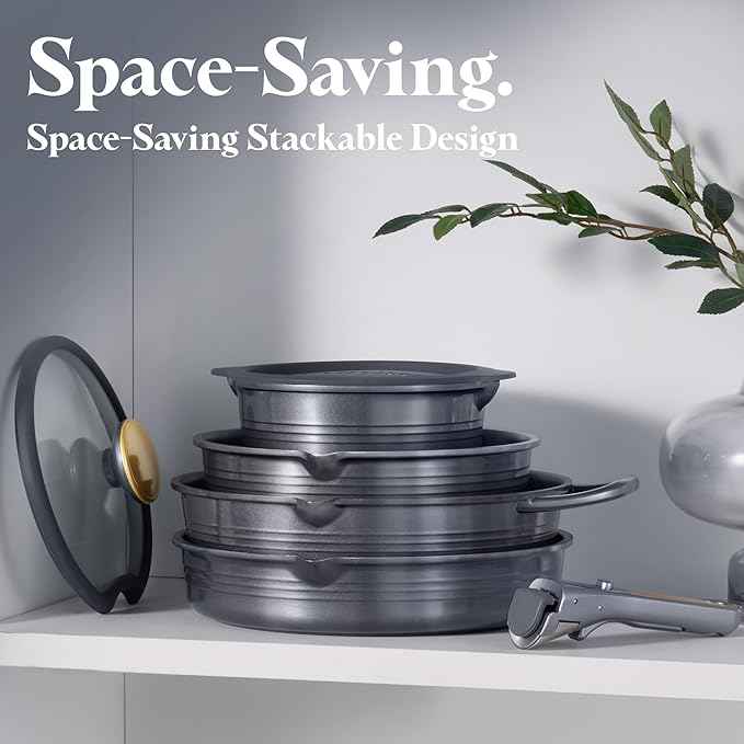 CAROTE 17Pcs Titanium Pots and Pans Set, Cookware Set Nonstick, Kitchen Cooking Set with Detachable Handle, RV/Camping Cookware, Dishwasher/Oven Safe, Grey