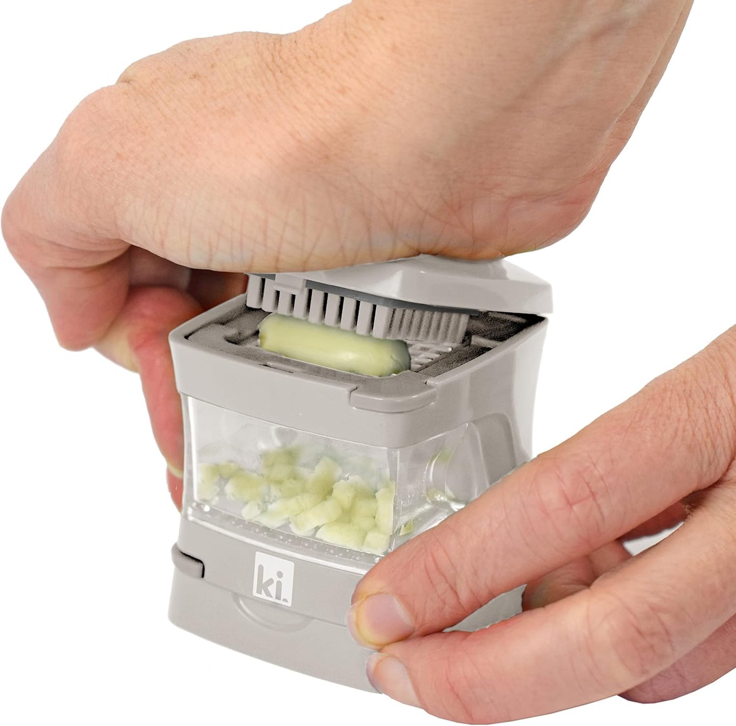 Garlic-A-Peel Garlic Press, Crusher, Cutter, Mincer, and Storage Container - Includes Silicone Garlic Peeler - Easy to Clean - Stainless Steel Blades – (Cream), standard - HomeSpice
