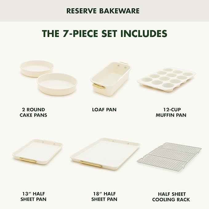 GreenPan Bakeware Set, 7 Piece Nonstick Ceramic Gold Handle Baking Sheets, Cake Pans, Loaf Pan, Muffin Tin, Cooling Rack, PFAS & BPA Free, Freezer to Oven Dish, Bake & Roast Ovenware, Cream