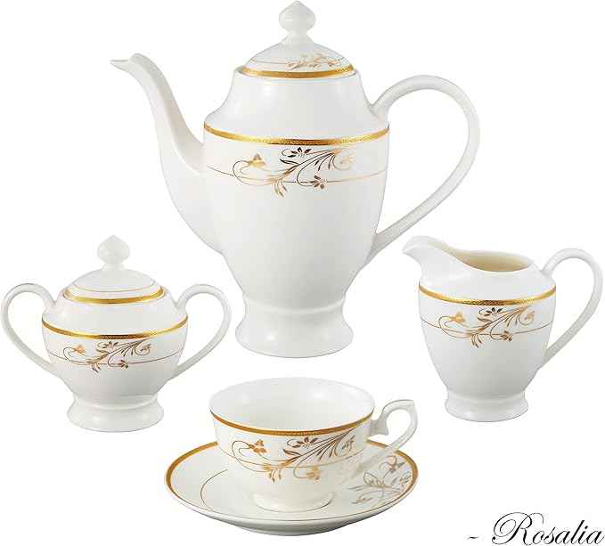 Lorren Home Trends La Luna Bone China 57-Piece 24K Gold Floral Design Dinnerware Set, Service for 8