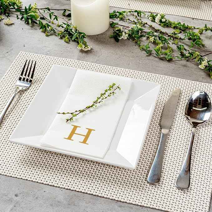 Luxenap 15.8 X 7.9 Inch Linen-Feel Guest Towels, 50 Lettered Hand Towels - Gold Letter 'H', Sans Serif Font, White Paper Dinner Napkins, airlaid, For Restrooms And Tables - Restaurantware
