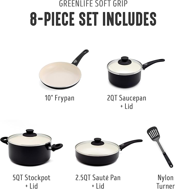 GreenLife 8 Piece Nonstick Cookware Set, Non-Toxic PFAS-Free Ceramic Pots & Pans, Dishwasher & Oven Safe, Frying, Sauce, Stock Pot, Glass Lids, Stay-Cool Handles, Wobble Free, Black