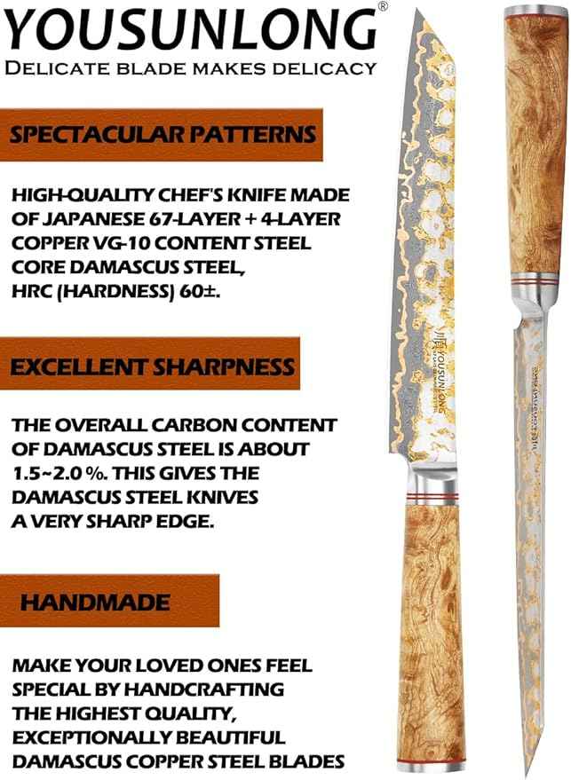 YOUSUNLONG Sujihiki Slicing Knife - 8 Inch Sashimi Sushi Knife - Handmade CuMai Copper Damascus Steel - Japanese Yanagiba Carving Knives Ultra Sharp - Naturel Burl Wooden Handle with Leather
