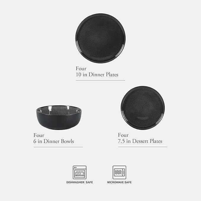 Gibson Elite Tahoe Sunset 12 Piece Stoneware Reactive Glaze (Service for 4) Ceramic Plates and Bowls Dinnerware Set - Black
