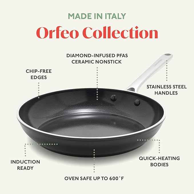 Orfeo 11” Nonstick Frying Pan, Made in Italy, Diamond Ceramic PFAS-Free Cookware, Induction Ready, Scratch Resistant, Laser-Fused Surface for Durability, Dishwasher Safe, Black