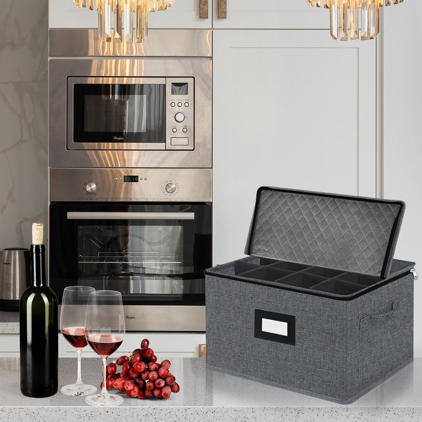 VERONLY Wine Glass Storage Box with Dividers for 12, Hard Shell Stemware Storage Container - Stackable Glassware Case with Handles and Label -Moving Storage for Crystal -Dark Gray