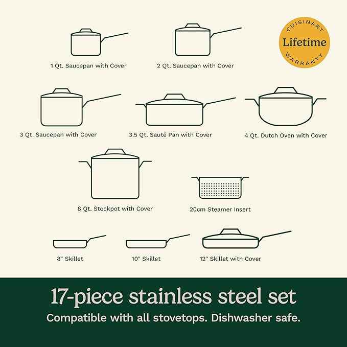 Cuisinart 17-Piece Stainless Steel Cookware Set, Chef's Classic Steel Collection with Pure Aluminum Core for Quick and Even Heat, Cool Grip Handles, Dishwasher Safe, 77-17N