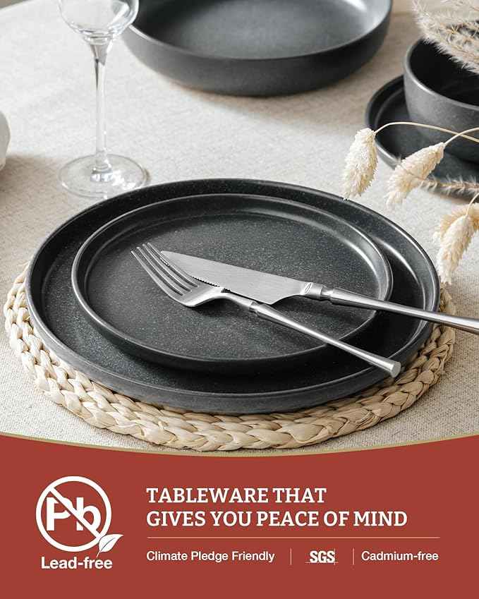Famiware Milkyway Plates and Bowls Sets, 24 Pieces Dinnerware Sets, Reactive Glaze Dish Set, Stoneware Dishes Set for 8, Matte Dark Charcoal