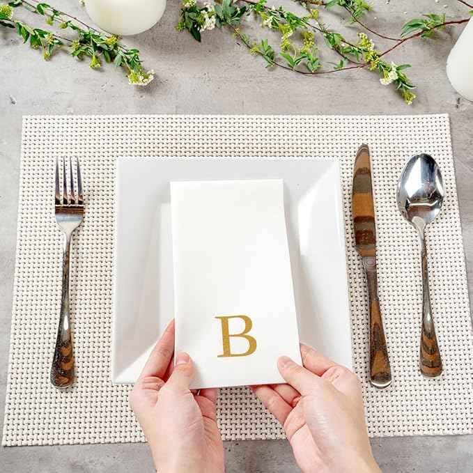 Luxenap 15.8 X 7.9 Inch Linen-Feel Guest Towels, 2000 Lettered Hand Towels - Gold Letter 'B', Sans Serif Font, White Paper Dinner Napkins, airlaid, For Restrooms And Tables - Restaurantware