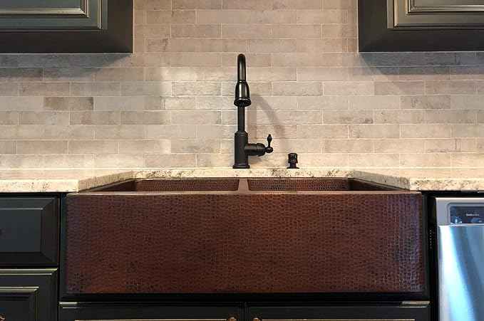 Premier Copper Products KA50DB33229 33-Inch Hammered Copper Kitchen Apron 50/50 Double Basin Sink, Oil Rubbed Bronze