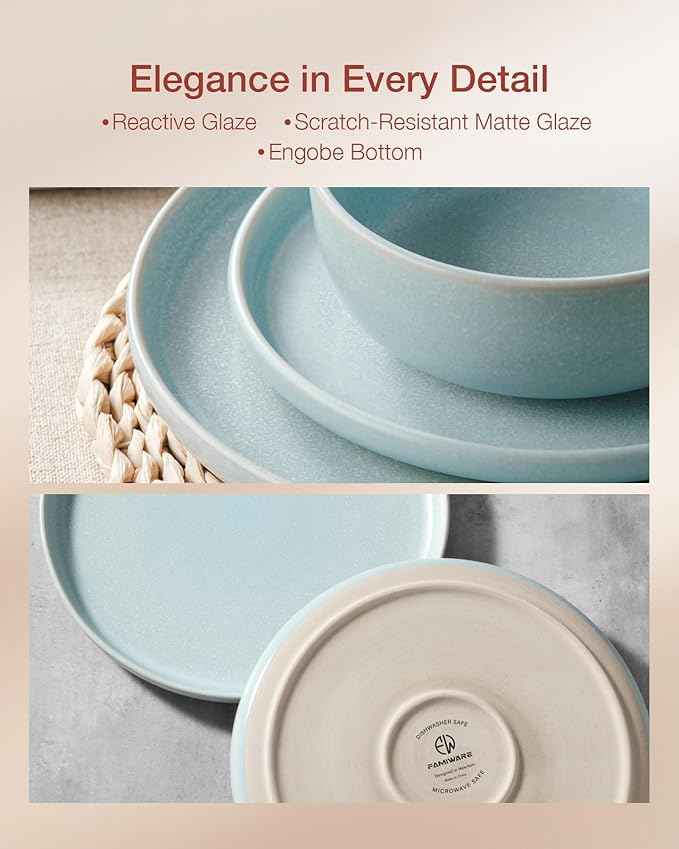 Famiware Milkyway Plates and Bowls Sets, 12 Pieces Dinnerware Sets, Reactive Glaze Dish Set, Stoneware Dishes Set for 4, Light Blue