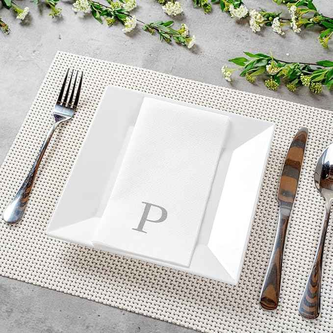 Luxenap 15.8 X 7.9 Inch Linen-Feel Guest Towels, 50 Lettered Hand Towels - Silver Letter 'P', Sans Serif Font, White Paper Dinner Napkins, airlaid, For Restrooms And Tables - Restaurantware