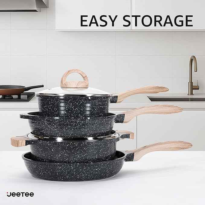 JEETEE 24Pcs Ceramic Cookware Set, Gray Pots and Pans Set Non Stick, Kitchen Healthy Non Toxic Induction Cookware Sets W/Saucepans, Sauté Pan, Griddle, Crepe Pan & Pancake Rake (PFAS,PFOA Free)