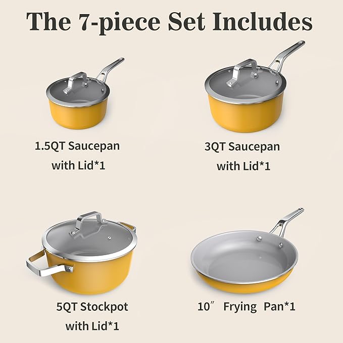 7-Piece Ceramic Nonstick Cookware Set with Lids - PFAS/PTFE/PFOA Free, Interior & Exterior Ceramic Coating -Easy to Clean- Kitchen Storage-All Stovetop Compatible & Oven-Safe up to 480°F
