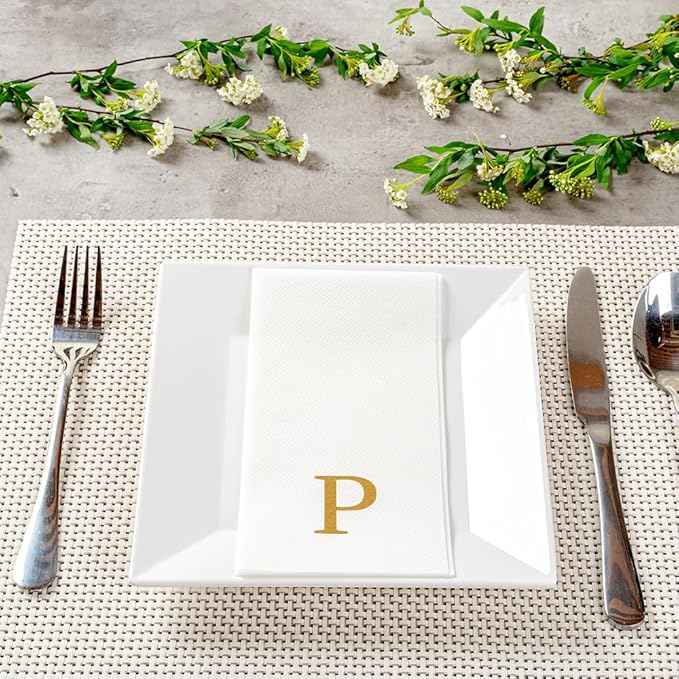 Luxenap 15.8 X 7.9 Inch Linen-Feel Guest Towels, 2000 Lettered Hand Towels - Gold Letter 'P', Sans Serif Font, White Paper Dinner Napkins, airlaid, For Restrooms And Tables