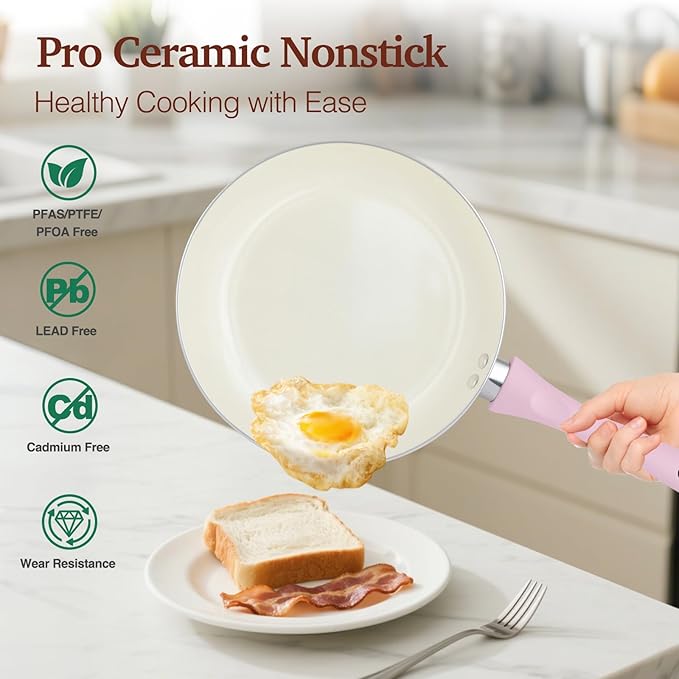 M MELENTA Pots and Pans Set Non Stick, Pink Ceramic Cookware Set, 11-Piece Induction Cookware, Non Toxic Healthy Kitchen Cooking Set, Gold Knobs Lids, Stay-Cool Handles