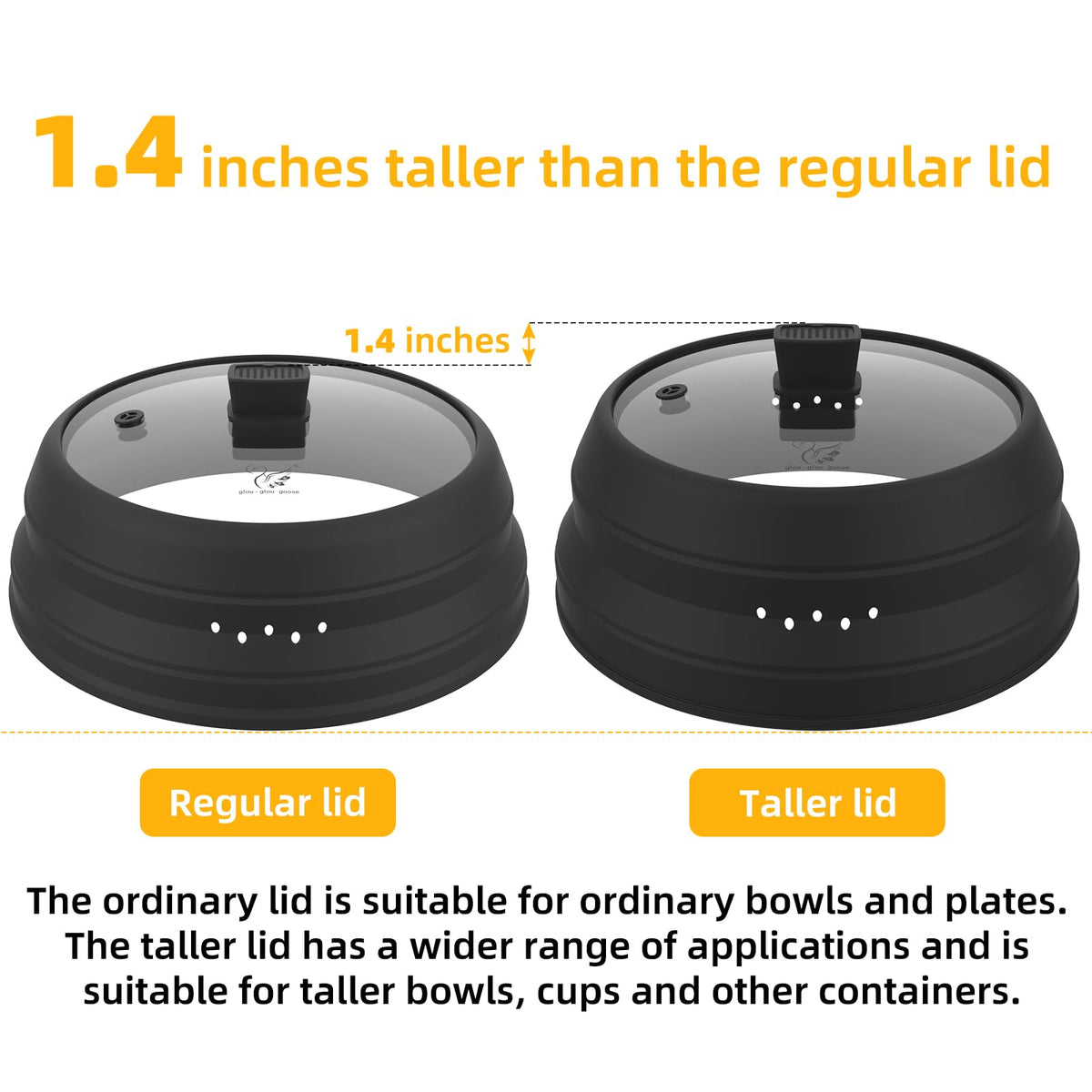 Tall Microwave Splatter Cover Glass Cover Guard Lid 5.8 inch Height with Collapsible Silicone for Food Pot Plate 8.5 inch Black (BLACK / 8.5 inch)