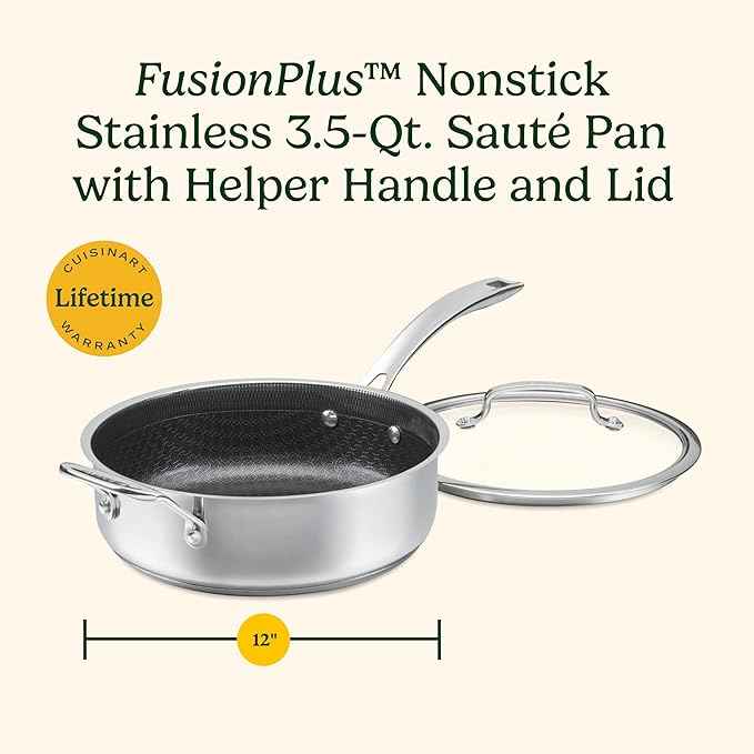 Cuisinart FusionPlus Hybrid Nonstick Stainless Steel Cookware, 3.5-Quart Sauté Pan with Cover and Helper, PFAS-Free PURELYSEAR Ceramic Technology, Scratch Proof, Cool Grip Handles, Dishwasher Safe