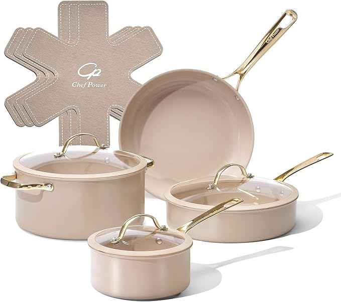 Chef Power Ceramic Cookware Sets, 10Pcs Pots and Pans Set Non Stick, Cookware Set with Stainless Steel Handle, Dishwasher & Oven Safe, Taupe and Light Gold Handle