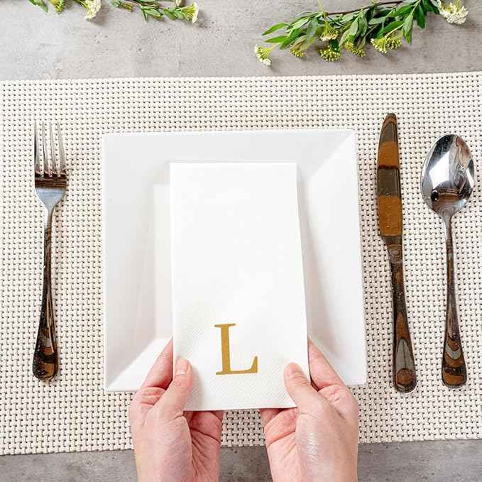 Luxenap 15.8 X 7.9 Inch Linen-Feel Guest Towels, 2000 Lettered Hand Towels - Gold Letter 'L', Sans Serif Font, White Paper Dinner Napkins, airlaid, For Restrooms And Tables
