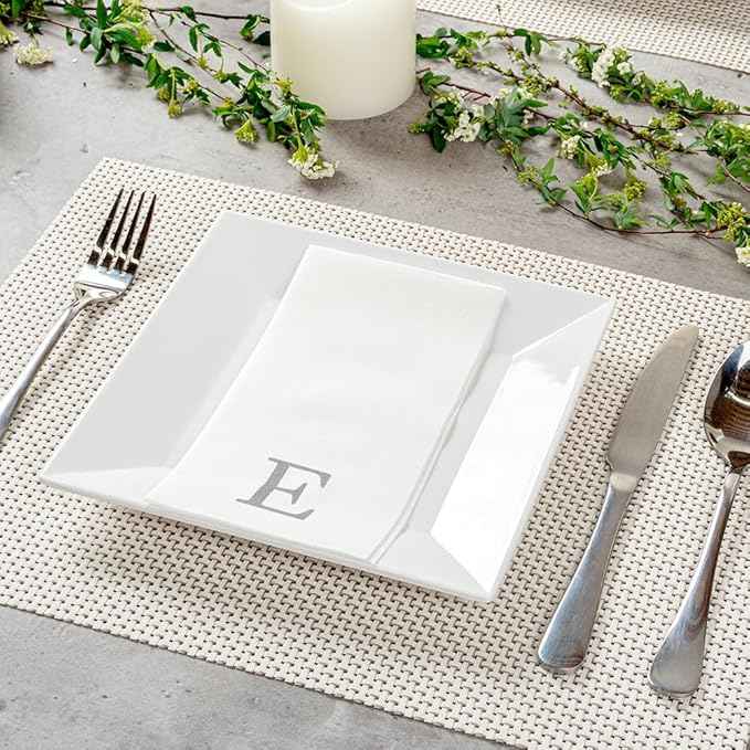 Luxenap 15.8 X 7.9 Inch Linen-Feel Guest Towels, 2000 Lettered Hand Towels - Silver Letter 'E', Sans Serif Font, White Paper Dinner Napkins, airlaid, For Restrooms And Tables - Restaurantware