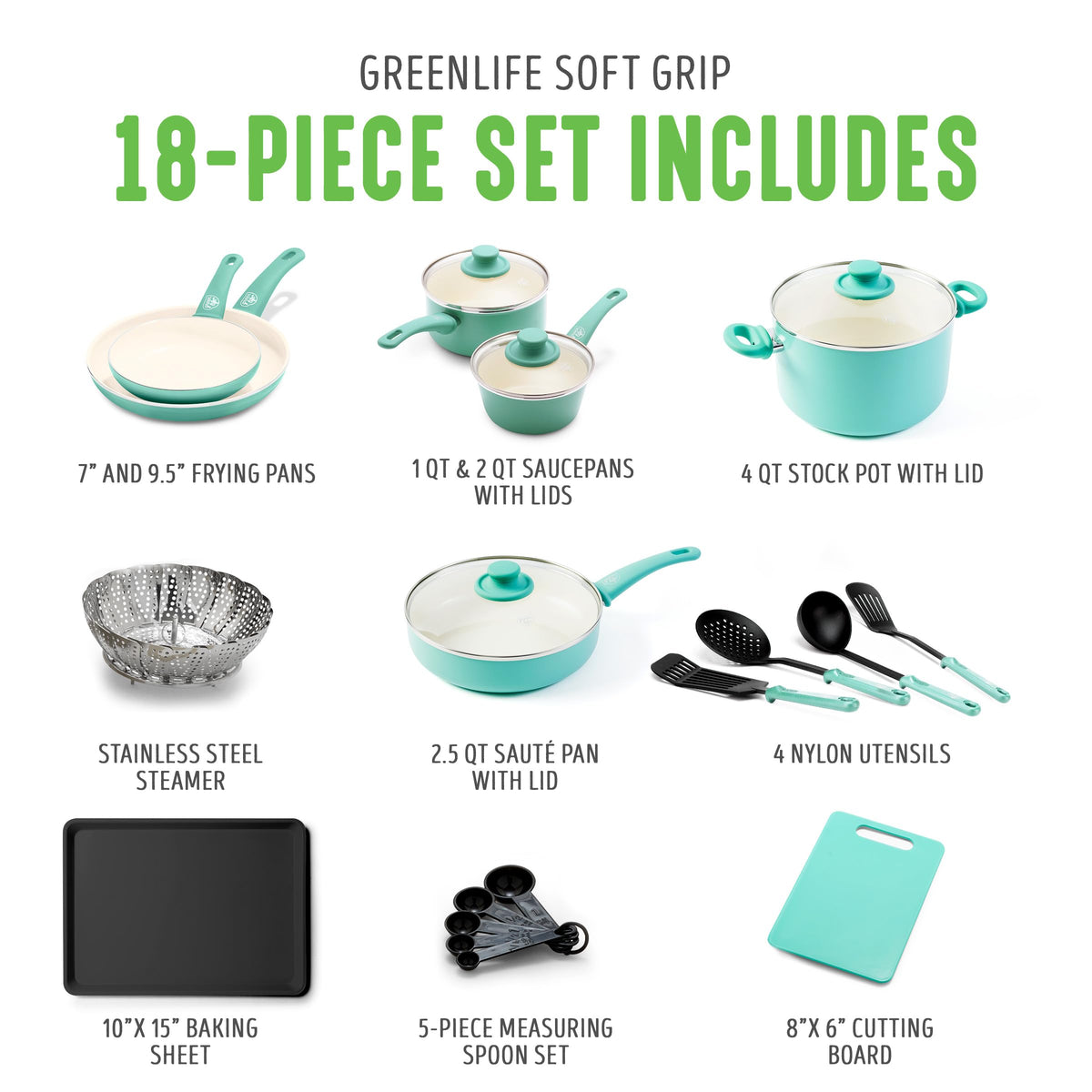 Soft Grip Healthy Ceramic Nonstick 18 Piece Kitchen Cookware Pots and Frying Sauce Saute Pans Set (18 Piece Cookware Set / Turquoise)