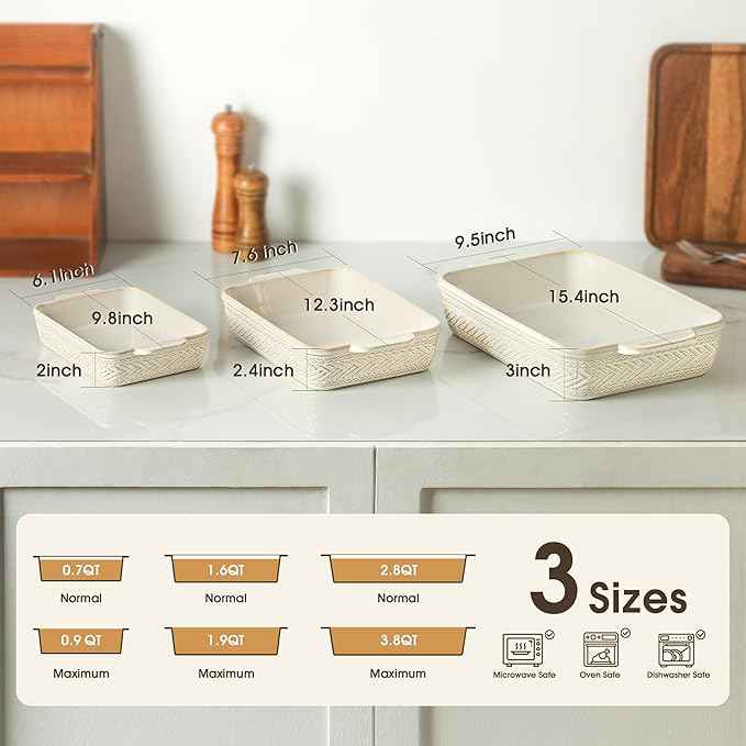 Casserole Dishes for Oven, Ceramic Baking Dishes Set of 3, Rectangular Lasagna Pans Casserole Dish Set for Baking, Cooking, Kitchen, Cake Dinner, Banquet (15.4''/12.3''/9.8'')