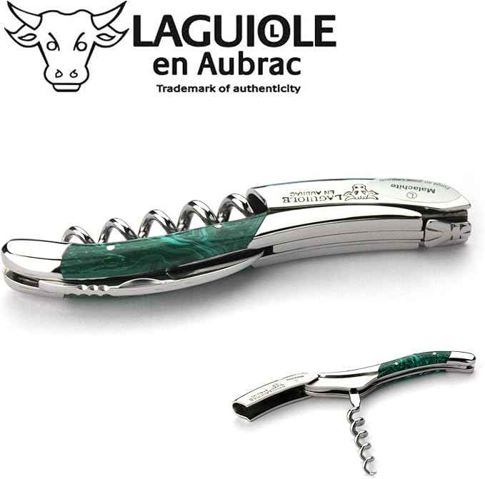 Laguiole en Aubrac corkscrew sommelier waiters knife 3 functions SOM99PMI malachite handle, stainless steel shiny