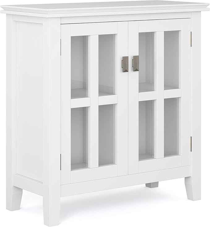 SIMPLIHOME Artisan Storage Cabinet - 30 inch Wide Solid Wood Low Storage Cabinet in White, Contemporary Accent Cabinet for Living Room or Dining Room with Glass Doors and Adjustable Shelves