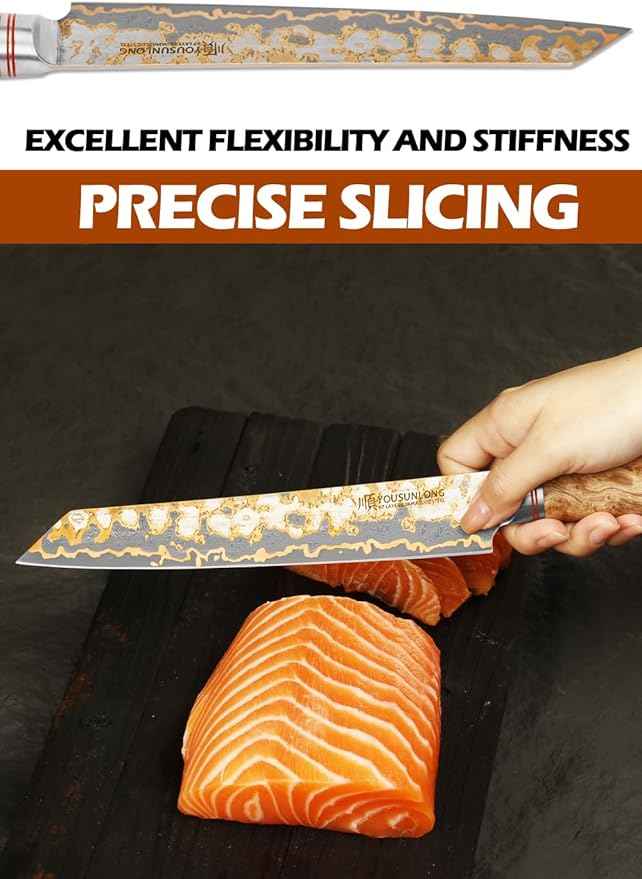 YOUSUNLONG Sujihiki Slicing Knife - 8 Inch Sashimi Sushi Knife - Handmade CuMai Copper Damascus Steel - Japanese Yanagiba Carving Knives Ultra Sharp - Naturel Burl Wooden Handle with Leather