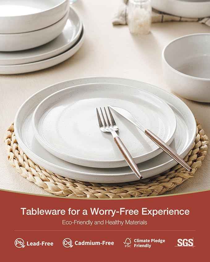 Famiware Milkyway Stoneware Dinnerware Sets with Pasta Bowls, Service for 6 (24 Pieces), Plates and Bowls Sets -Scratch Resistant, Microwave and Dishwasher Safe Dishes Set, White