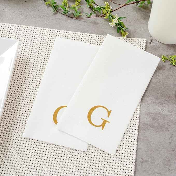 Luxenap 15.8 X 7.9 Inch Linen-Feel Guest Towels, 2000 Lettered Hand Towels - Gold Letter 'G', Sans Serif Font, White Paper Dinner Napkins, airlaid, For Restrooms And Tables - Restaurantware