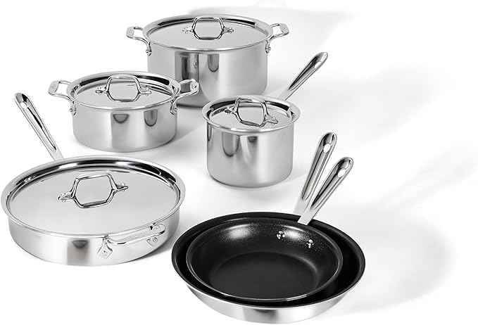 All-Clad D3 3 Ply Stainless Steel Nonstick Bonded Cookware Set 10 Piece, Oven Broiler Safe 600F, Kitchen Cooking Set w/Frying Pan, Sauce Pan, Saute Pan, Stockpot, Professional Pots & Pans Set Silver