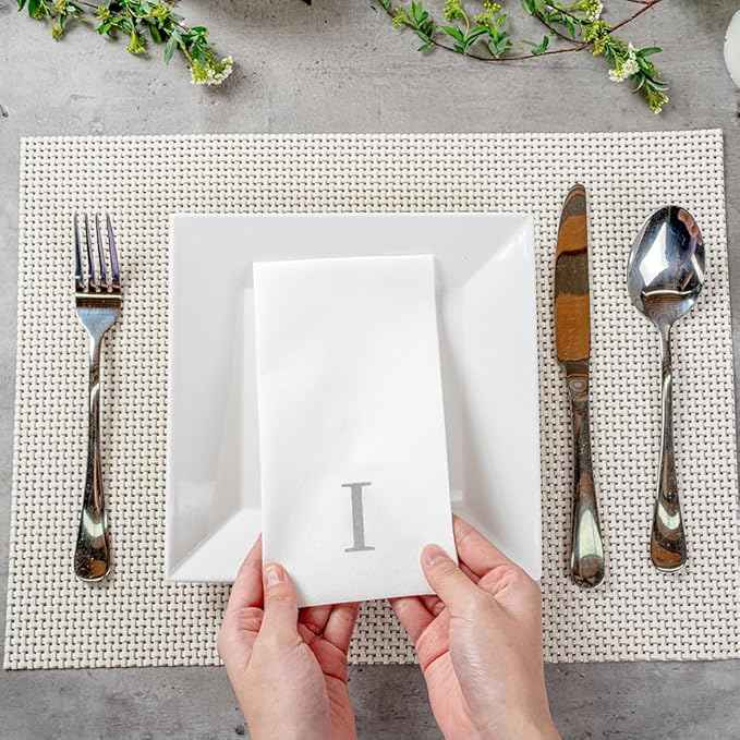 Luxenap 15.8 X 7.9 Inch Linen-Feel Guest Towels, 2000 Lettered Hand Towels - Silver Letter 'I', Sans Serif Font, White Paper Dinner Napkins, airlaid, For Restrooms And Tables - Restaurantware