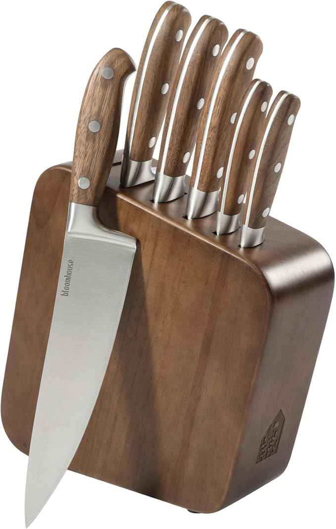 Bloomhouse 7 Piece Italian Walnut Wood Knife Block Set W/German Steel Forged Knives