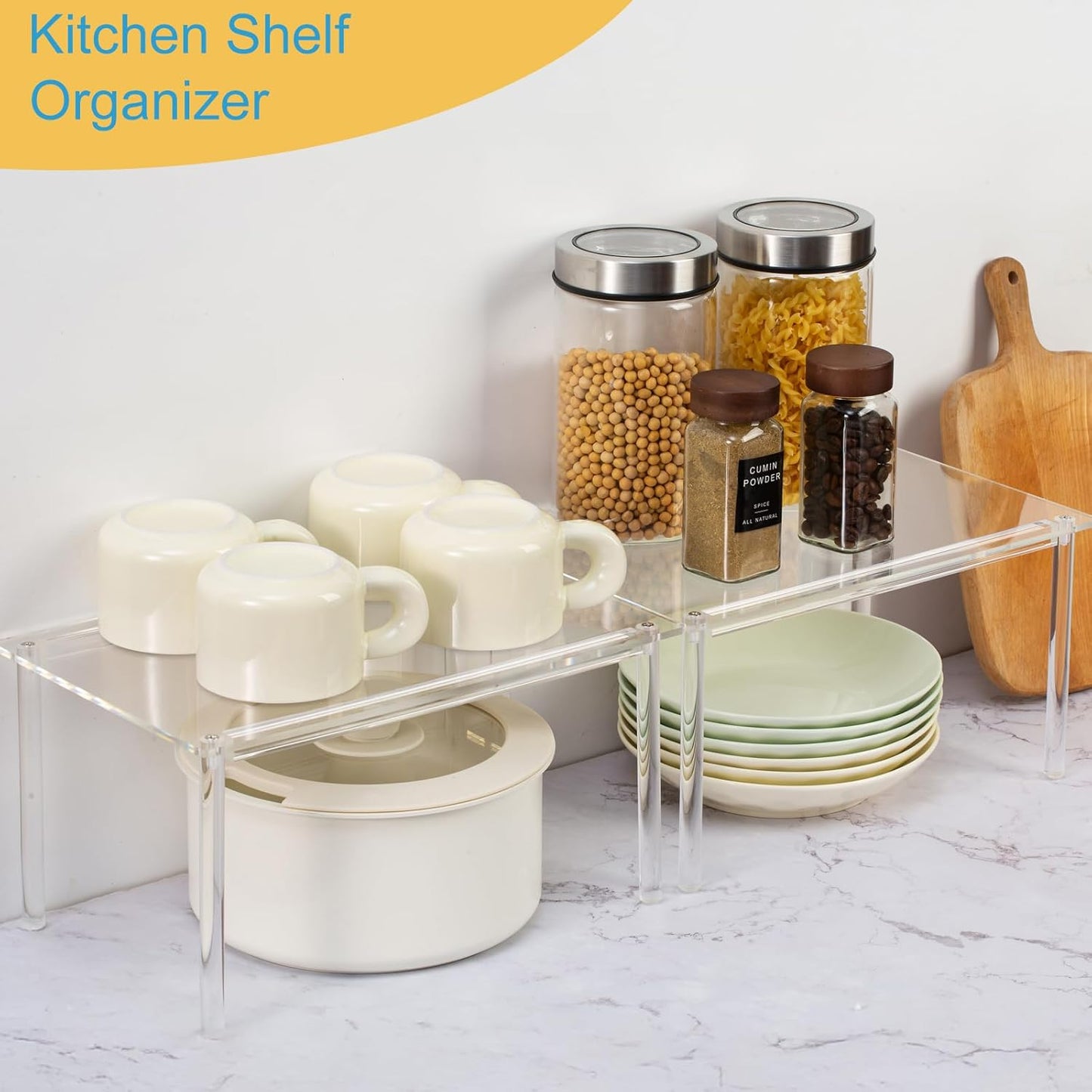 1 Pack Acrylic Cabinet Organizer, Kitchen Countertop Counter Organizer, Clear Spice Rack, Shelf Risers Cabinets for Bathroom, Desk, Dresser Cupboard Organizers and Storage
