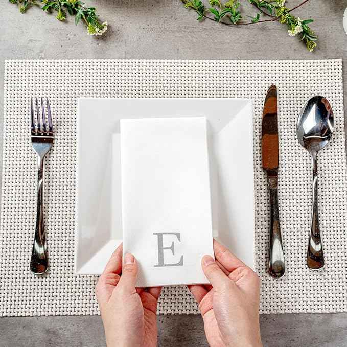 Luxenap 15.8 X 7.9 Inch Linen-Feel Guest Towels, 50 Lettered Hand Towels - Silver Letter 'E', Sans Serif Font, White Paper Dinner Napkins, airlaid, For Restrooms And Tables - Restaurantware